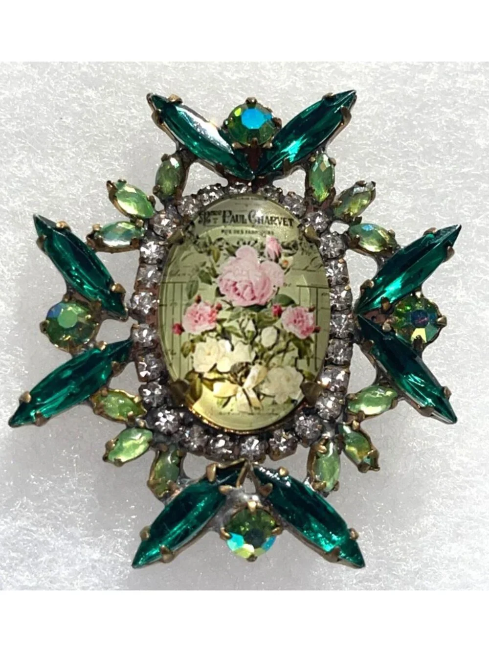 Vintage Czech Paul Charvet Floral Glass Brooch With Emerald Green Rhinestones Pi